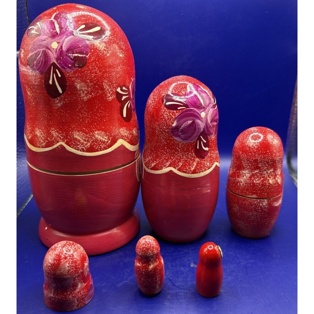 Hand Painted Wooden Russian Matryoshka Nesting Dolls Pink Floral 6pc Set Read - Picture 8 of 9